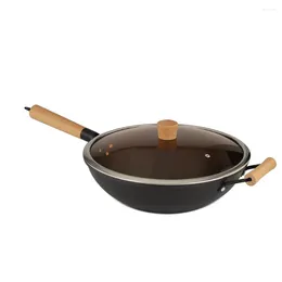 Cookware Sets Restaurant Kitchen Cooking 32cm Black Chinese Cast Iron Wok Pan With Wooden Handle