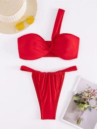 Women's Swimwear 2024 Sexy One Shoulder High Leg Cut Bikini Female Swimsuit Women Two-pieces Set Bather Bathing Suit Swim K5311