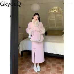 Work Dresses GkyocQ Winter Two Piece Skirt Sets Chinese Style Pink Embroideries Lace-up Quilted Blends Coat High Waist Half-body