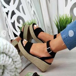Sandals Womens New Fashion Buckle Shoes Flat Wedge Hemp Rope Outdoor Beach Leisure Comfort Plus Size 43 H240328L1UH