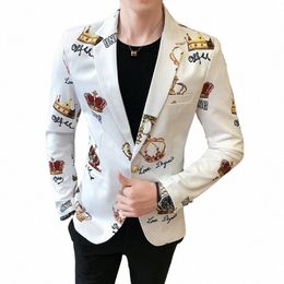 crown Printing Men's Blazer Wedding Busines Clothing Men's Slim Tuxedo Spring Casual Men's Party Stage Formal Suit Dr Jacket 96dQ#