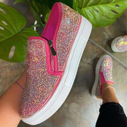 Casual Shoes Woman Sneakers Platform Vulcanised Women Shiny Diamond Loafers Autumn Women's Flats Female Zipper Sport