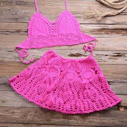 Skirts Skorts 2023 New Crochet 2 Pieces Summer Holidays Beach Cover-ups Sexy women Bra Top+Mini A-line Skirt Bikini Cover up wear Female yq240328