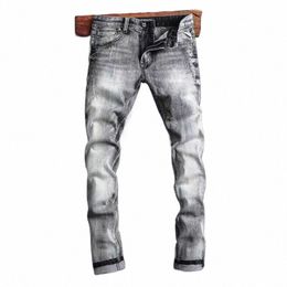 fi Designer Men Jeans High Quality Retro Dark Gray Stretch Slim Fit Ripped Jeans Men Trousers Vintage Denim Pants Hombre b1G2#