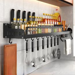 Racks Kitchen Shelf Wallmounted Spice Storage Racks Punchfree Kitchen Knife Holder Wall Season Bottle Chopstick Tube Shelf Organizer