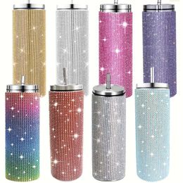 1pc, 20oz Stainless Steel Insulated Tumbler with Lid Straw - Sparkling Rhinestone Decor for Summer and Winter Travel, Keeps Drinks Cold or Hot All Day