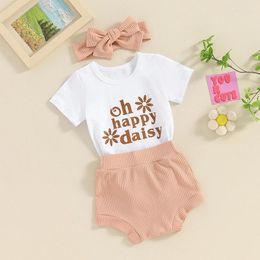 Clothing Sets Born Infant Baby Girl Outfit Daisy Print Short Sleeve Romper Ribbed Shorts Headband 3Pcs Summer Clothes