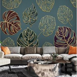Wallpapers Molofi Custom Nordic Tropical Plant Golden Embossed Lines Leaves Background Wallpaper Mural