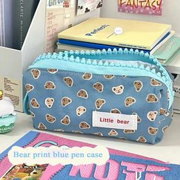 Cosmetic Bags Blue Bear Print Thickened Pencil Case For Students Stationery High Capacity Bag Boys Girls Make Up Zipper