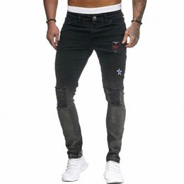 men's Stretch Skinny Jeans 2020 New Fi Slim Fit Hole Denim Trousers Dark Grey Ripped Biker Pants Male Brand c1Fz#
