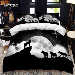 Bedding Sets Animal Silhouette Duvet Cover Set Howling Under The Moon Theme Quilt For Kids Boys Microfiber King Twin