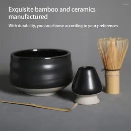 Teaware Sets 4 Pieces/Set Bamboo Japanese Green Tea Whisk Portable Reusable Stylish Home Kitchen Dessert Shop Spoon Bowl Black