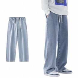men's Japanese Harajuku Wide-Leg Baggy Jeans, Male Denim Pants, Simple Streetwear, Casual Fi,Elastic Waistband Jeans J25L#