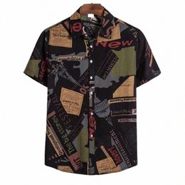 summer Fi Casual Men Baggy Beach Hawaiian Print Short Sleeve Butt Retro Shirts Tops Men's Cott Linen Shirt g18T#