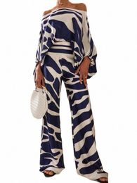 women's Printed Satin 2-piece Set, Off Shoulder Lantern Sleeve Top, Wide Leg Pants, Elegant Office Shirt Traf Official Store t3ir#