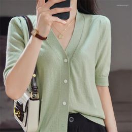 Women's Knits 22 V - Collar Worsted Wool Cardigan Women Temperament All-match Five-point Sleeve Cashmere Sweater Loose Plain Short Sleeves