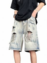 2024 Men Summer Fi Ripped Straight Denim Shorts Mens New Loose Five-Point Pants Male Streetwear Casual Short Jeans F15 f16P#
