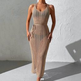 Summer Solid Colour Mesh Hollow Out Open Back Knit Beach Dresses Women's Loose Irregular Vacation Swimwears Cover-Ups