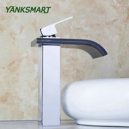 Bathroom Sink Faucets YANKSMART Waterfall Deck Mounted Basin Tap Chrome Finish W/ Black Glass Mixer Water Taps Single Handle Faucet