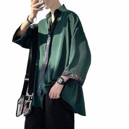 eoenkky/half Sleeve Men Solid Shirts Summer Casual Oversize Blouses Dark Green Fi Male Cardigan Vintage Korean Clothing 09Su#
