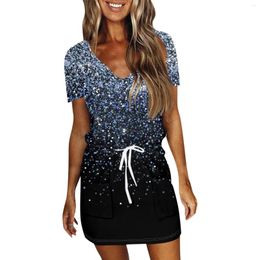 Casual Dresses Women'S Summer Fashion Printed Drawstring V Neck Short Sleeve Dress Fashionable And Simple Clothing