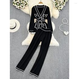 Women's Two Piece Pants Fashion Suits Autumn Long-Sleeve Lace-Up Waist V-Neck Knitted Cardigan Coat Wide-Leg Knit Piec Set N242