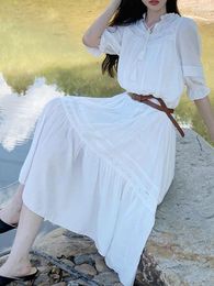 Casual Dresses White Long Dress Women Summer Chic Female Elegant Beach Sleeve Ladies Holiday Loose Lace-Up Vestidos