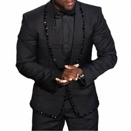 luxury Beaded Black Mens Suits Wedding Groom Tuxedo Formal Ocn Rhineste Slim Blazer 2 Piece Terno Masculino Jacket+Pants v8sg#