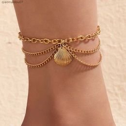 Anklets Womens Double Layer Bracelet Stainless Steel Chain Gold Steel Shell Pendant Vintage Summer Beach Fashion JewelryL2403