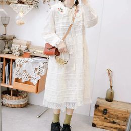 Casual Dresses 120cm Bust Spring Autumn 2024 Women Sweet Mori Kei Girl Fashion Loose Plus Size Embroidered Comfortable Cotton Lacy