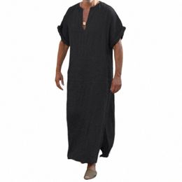 summer Men Casual Shirts Dr Short Sleeve V Neck Big Pockets Gown 5XL Vacati Beach Shirts Full Length Robe Male Z0te#