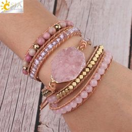 CSJA Natural Stone Bracelet Pink Quartz Leather Wrap Bracelets for Women Rose Gems Crystal Beads Bohemia Jewellery 5 Strand S308 220283F