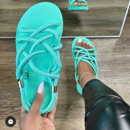 Sandals Large size womens sandals 2022 summer flat shoes kelp rope set foot beach outdoor matching casual slippers H2403282FLY