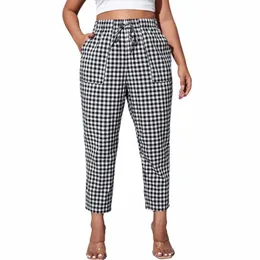 plus Size Gingham Summer Casual Tapered Carrot Pants Elastic Waist Pocket Frt Ankle Length Straight Pants Large Size 7XL 8XL t3Ng#