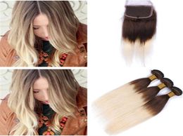 Straight 4 613 Brown Rooted Blonde Ombre Virgin Hair Wefts with Lace Closure 4x4 Medium Brown and Blonde Ombre Malaysian Hair Wea7431994