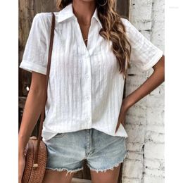 Women's Blouses Solid Casual & Shirts Women Loose Short Sleeve Lapel Simple Style Office Ladies White Shirt Fashion Elegant Female Top