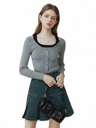 fsle Fake Two Short Knitted Tops For Women's Spring 2023 New Style Underwear Solid O-Neck Casual Grey Cardigan For Women J0at#