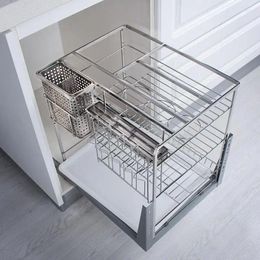 Kitchen Storage Seasoning Basket 304 Stainless Steel Cabinet Mulit-Layer Drawer Style Built-In Slide Buffer Rail Rack