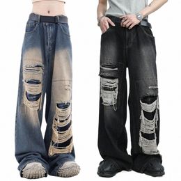 distred Jeans Vintage High Waist Wide Leg Women's Jeans with Ripped Holes Hop Style Featuring Solid Color Streetwear for A 26F1#