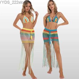 Skirts Skorts 2023 New Crochet Knitted Beach Dress Sexy Women Crop Top+ Long Tassel Bikini Swimwear Cover Up Robe De Plage 2PCS/SET yq240328