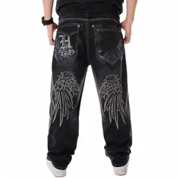 street Dance Wide Legs Baggy Jeans Men Fi Embroidery Black Loose Board Denim Pants Male Rap Hip Hop Jeans Plus Size 30-46 J2jS#