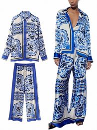 traf Women's Fi Printed Vintage Silk Set 2 Pieces Pocket Printed Smocked Home Pajamas Loose Drawstring Wide Leg Pants N36j#
