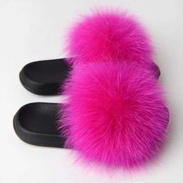 Slippers Real fox fur slider and fluffy indoor womens flip beach shoes summer sandals free shipping H240328HS76