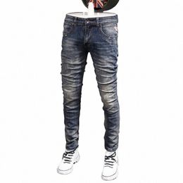 vintage Fi Men Jeans Retro Wed Blue Elastic Slim Fit Ripped Jeans Men Frayed Designer Italian Style Denim Pants Hombre x5W2#