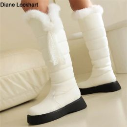 Boots Winter Warm White Fur Snow Boots Women Shoes 2024 Low Heels Knee High Boots Female Platform Plush Long Boats Mujer Black 3544