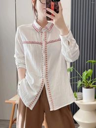 Women's Blouses 2024 Women White Shirts Double Layers Cotton Yarn Long Sleeve Embroidery Lady Tops Casual Female Clothes Autumn