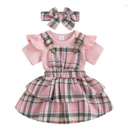 Clothing Sets Summer Infant Baby Girls Outfits Solid Color Rib Knit Short Sleeve Rompers Plaid Suspender Skirts Headband Clothes Set