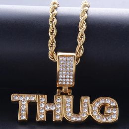 Pendant Necklaces Hip Hop CZ Zircon Paved Bling Iced Out Letter THUG Men Necklace Gold Colour Stainless Steel Alphabet Jewellery Drop