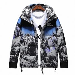 snow Mountain Print Down Padded Jacket Mens Fi Outdoor Loose Thick Thick Warm Cott Coat Winter Jacket with Hood 43HS#