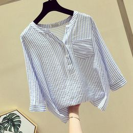 Stripe Elegant Blouses Women Fashion Vneck Button Womens Shirt Half Sleeve Summer Tunic Tops Roupas Femininas Blusas Elegantes 240328